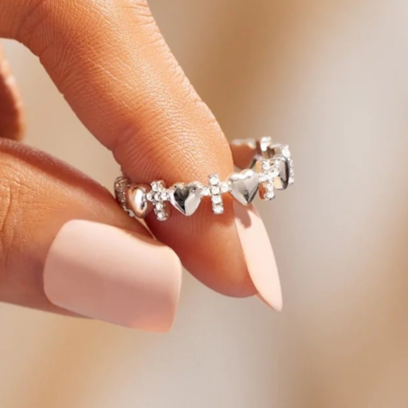 Simple Cross Heart Ring with Synthetic Zirconia